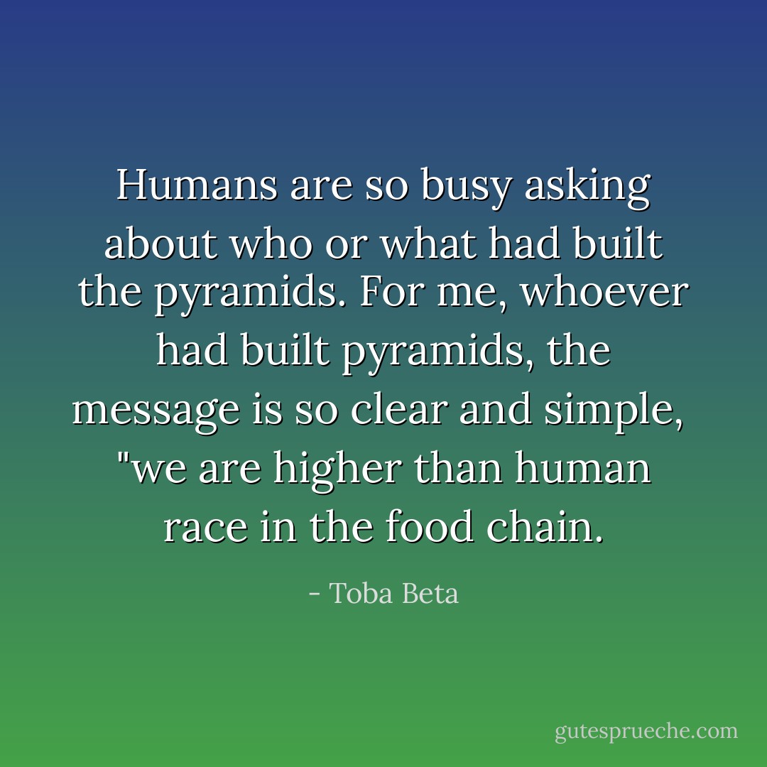 Humans are so busy asking about who or what had built the pyramids.<br />For me, whoever had built pyramids, the message is so clear and simple, <br />"we are higher than human race in the food chain. - Toba Beta