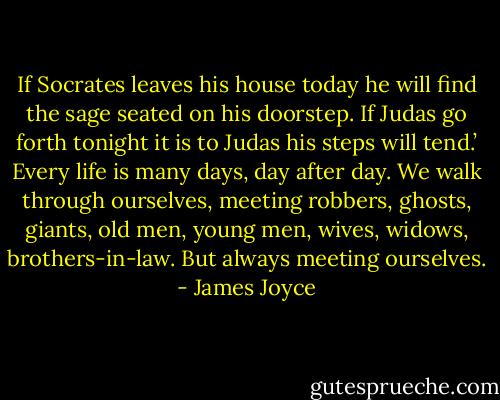 If Socrates leaves his house today he will find the sage seated on his doorstep. If Judas go forth tonight it is to Judas his steps will tend.’ Every life is many days, day after day. We walk through ourselves, meeting robbers, ghosts, giants, old men, young men, wives, widows, brothers-in-law. But always meeting ourselves. - James Joyce
