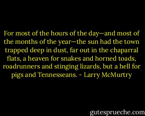 For most of the hours of the day—and most of the months of the year—the sun had the town trapped deep in dust, far out in the chaparral flats, a heaven for snakes and horned toads, roadrunners and stinging lizards, but a hell for pigs and Tennesseans. - Larry McMurtry