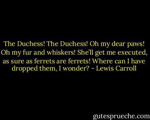 The Duchess! The Duchess! Oh my dear paws! Oh my fur and whiskers! She’ll get me executed, as sure as ferrets are ferrets! Where can I have dropped them, I wonder? - Lewis Carroll