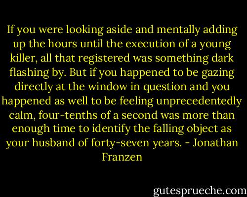If you were looking aside and mentally adding up the hours until the execution of a young killer, all that registered was something dark flashing by. But if you happened to be gazing directly at the window in question and you happened as well to be feeling unprecedentedly calm, four-tenths of a second was more than enough time to identify the falling object as your husband of forty-seven years. - Jonathan Franzen