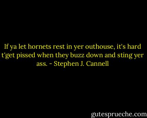 If ya let hornets rest in yer outhouse, it's hard t'get pissed when they buzz down and sting yer ass. - Stephen J. Cannell