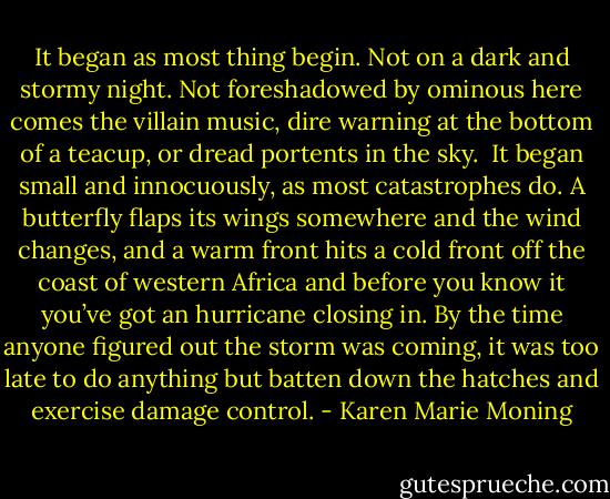 It began as most thing begin. Not on a dark and stormy night. Not foreshadowed by ominous here comes the villain music, dire warning at the bottom of a teacup, or dread portents in the sky. <br />It began small and innocuously, as most catastrophes do. A butterfly flaps its wings somewhere and the wind changes, and a warm front hits a cold front off the coast of western Africa and before you know it you’ve got an hurricane closing in. By the time anyone figured out the storm was coming, it was too late to do anything but batten down the hatches and exercise damage control. - Karen Marie Moning