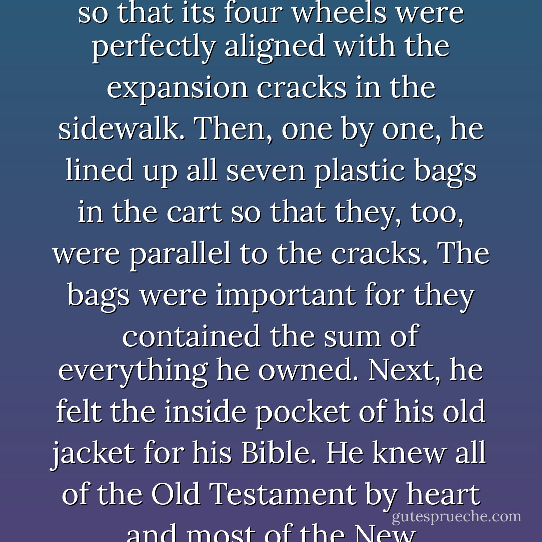 Moving slightly beyond the shade of the seventh column, the old man carefully positioned the shopping cart so that its four wheels were perfectly aligned with the expansion cracks in the sidewalk. Then, one by one, he lined up all seven plastic bags in the cart so that they, too, were parallel to the cracks. The bags were important for they contained the sum of everything he owned. Next, he felt the inside pocket of his old jacket for his Bible. He knew all of the Old Testament by heart and most of the New Testament, but he needed to feel its physical presence. It was there. - Barbara Casey