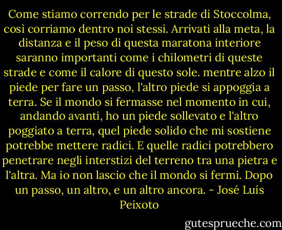 Come stiamo correndo per le strade di Stoccolma, così corriamo dentro noi stessi. Arrivati alla meta, la distanza e il peso di questa maratona interiore saranno importanti come i chilometri di queste strade e come il calore di questo sole. mentre alzo il piede per fare un passo, l'altro piede si appoggia a terra. Se il mondo si fermasse nel momento in cui, andando avanti, ho un piede sollevato e l'altro poggiato a terra, quel piede solido che mi sostiene potrebbe mettere radici. E quelle radici potrebbero penetrare negli interstizi del terreno tra una pietra e l'altra. Ma io non lascio che il mondo si fermi. Dopo un passo, un altro, e un altro ancora. - José Luís Peixoto