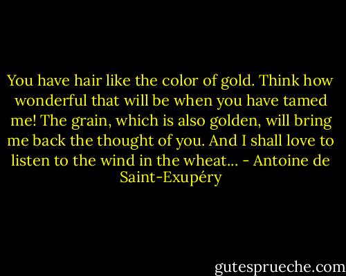 You have hair like the color of gold. Think how wonderful that will be when you have tamed me! The grain, which is also golden, will bring me back the thought of you. And I shall love to listen to the wind in the wheat... - Antoine de Saint-Exupéry