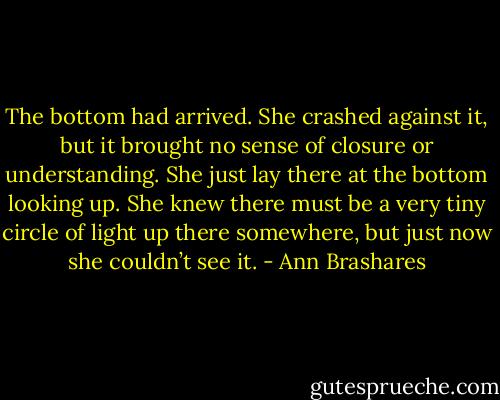 The bottom had arrived. She crashed against it, but it brought no sense of closure or understanding. She just lay there at the bottom looking up. She knew there must be a very tiny circle of light up there somewhere, but just now she couldn’t see it. - Ann Brashares