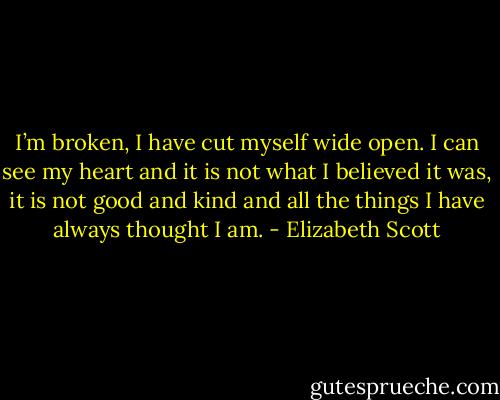 I’m broken, I have cut myself wide open. I can see my heart and it is not what I believed it was, it is not good and kind and all the things I have always thought I am. - Elizabeth Scott