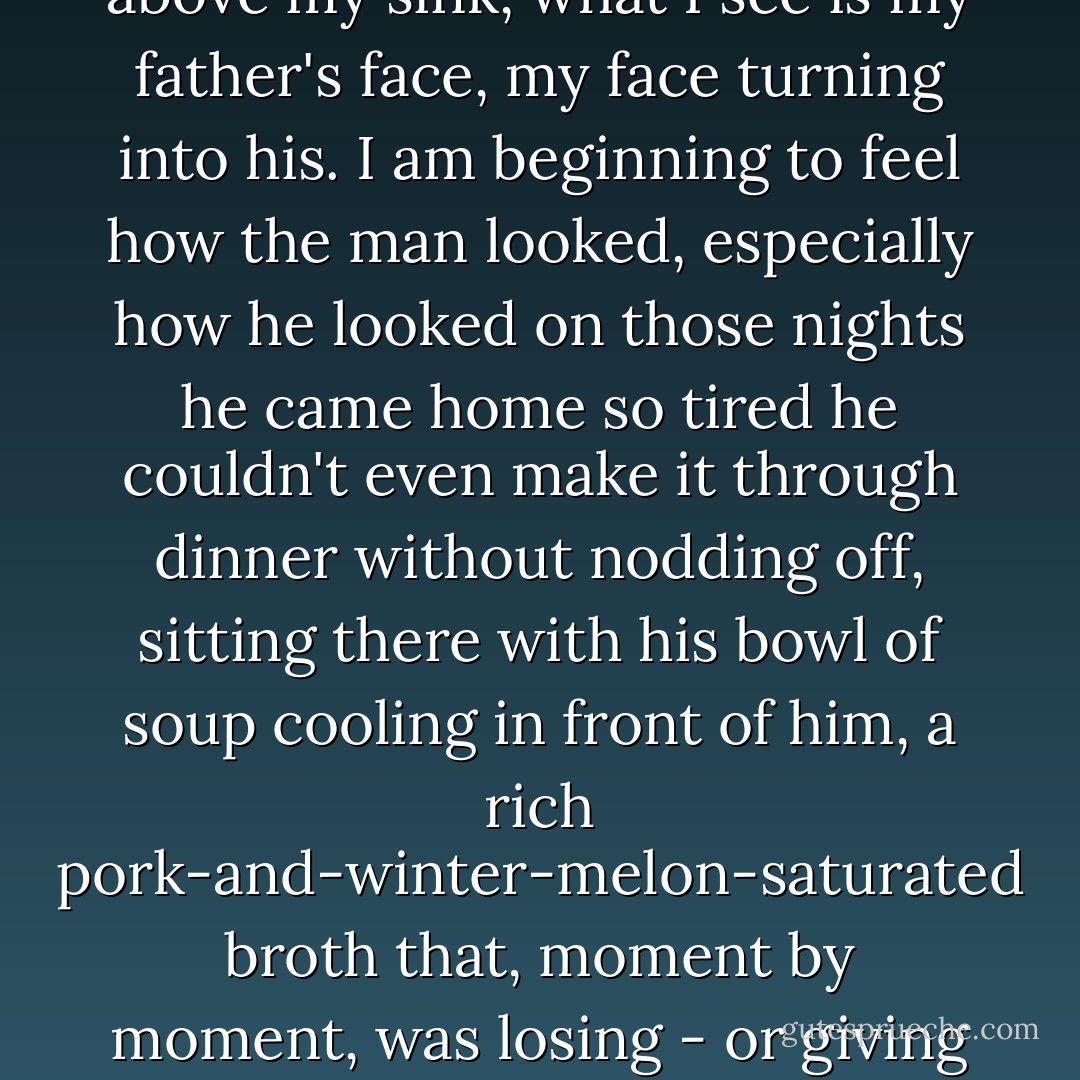 There must be some kind of internal time distortion effect in here, because when I look at myself in the little mirror above my sink, what I see is my father's face, my face turning into his. I am beginning to feel how the man looked, especially how he looked on those nights he came home so tired he couldn't even make it through dinner without nodding off, sitting there with his bowl of soup cooling in front of him, a rich pork-and-winter-melon-saturated broth that, moment by moment, was losing - or giving up - its tiny quantum of heat into the vast average temperature of the universe. - Charles Yu
