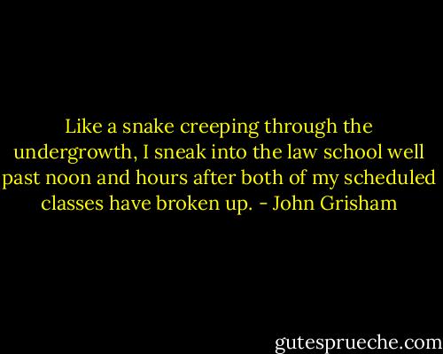 Like a snake creeping through the undergrowth, I sneak into the law school well past noon and hours after both of my scheduled classes have broken up. - John Grisham