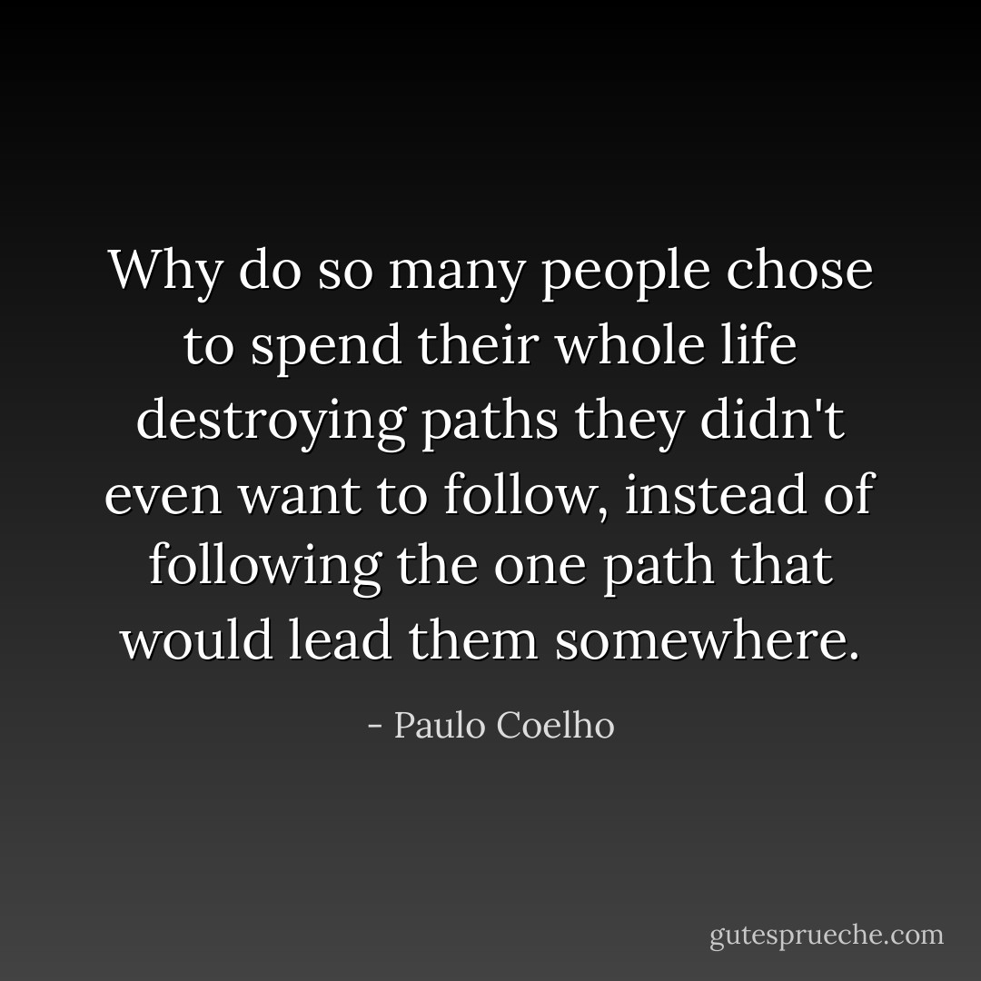 Why do so many people chose to spend their whole life destroying paths they didn't even want to follow, instead of following the one path that would lead them somewhere. - Paulo Coelho