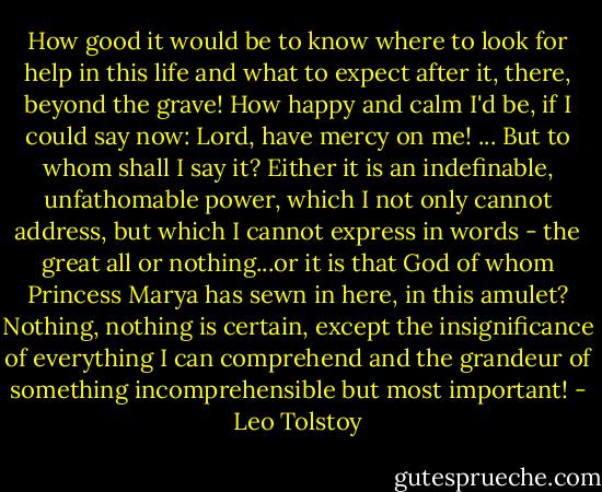 How good it would be to know where to look for help in this life and what to expect after it, there, beyond the grave! How happy and calm I'd be, if I could say now: Lord, have mercy on me! ... But to whom shall I say it? Either it is an indefinable, unfathomable power, which I not only cannot address, but which I cannot express in words - the great all or nothing...or it is that God of whom Princess Marya has sewn in here, in this amulet? Nothing, nothing is certain, except the insignificance of everything I can comprehend and the grandeur of something incomprehensible but most important! - Leo Tolstoy