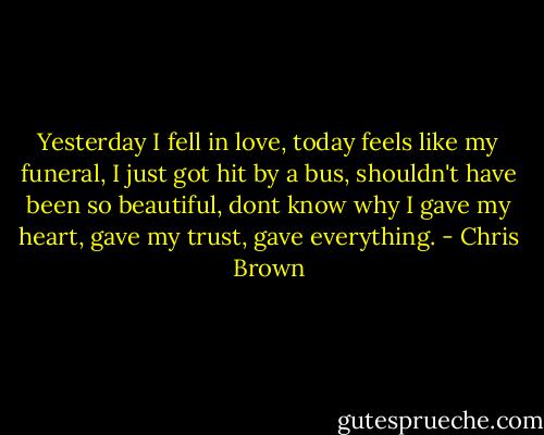 Yesterday I fell in love,<br />today feels like my funeral,<br />I just got hit by a bus,<br />shouldn't have been so beautiful,<br />dont know why I gave my heart,<br />gave my trust,<br />gave everything. - Chris Brown