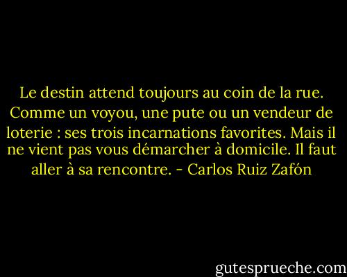 Le destin attend toujours au coin de la rue. Comme un voyou, une pute ou un vendeur de loterie : ses trois incarnations favorites. Mais il ne vient pas vous démarcher à domicile. Il faut aller à sa rencontre. - Carlos Ruiz Zafón