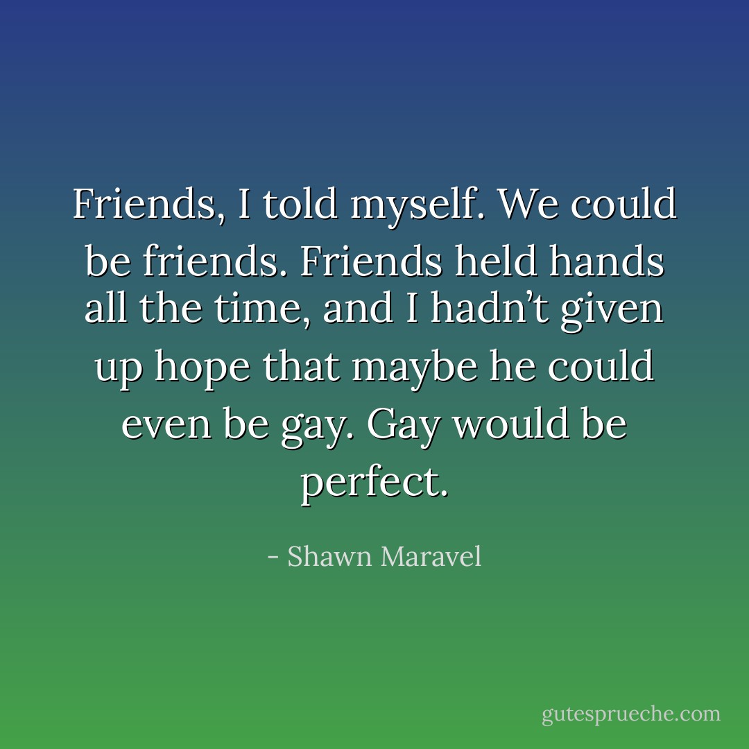 Friends, I told myself. We could be friends. Friends held hands all the time, and I hadn’t given up hope that maybe he could even be gay. Gay would be perfect. - Shawn Maravel