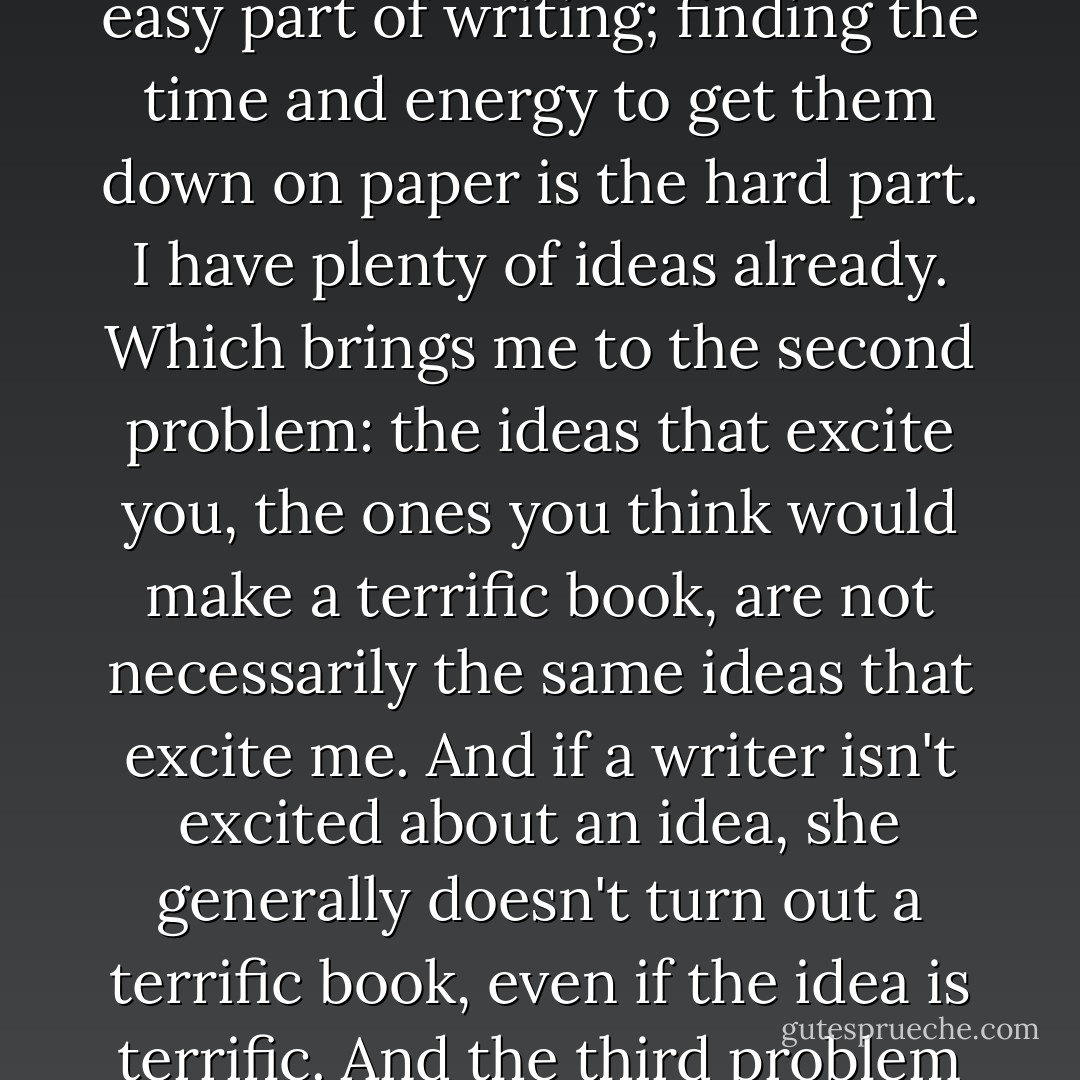 (In reply to the question, 'Would you like some suggestions for a plot for your next book?')<br /><br />There are three problems with getting plot suggestions from other people. The first is that ideas are the easy part of writing; finding the time and energy to get them down on paper is the hard part. I have plenty of ideas already. Which brings me to the second problem: the ideas that excite you, the ones you think would make a terrific book, are not necessarily the same ideas that excite me. And if a writer isn't excited about an idea, she generally doesn't turn out a terrific book, even if the idea is terrific. And the third problem with my using your suggestions is that, theoretically, you could sue me if I did, and that tends to make publishers nervous, which makes it hard to sell a book. So thank you, but no. - Patricia C. Wrede