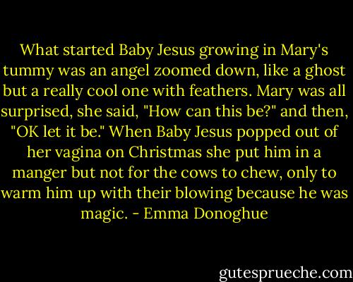 What started Baby Jesus growing in Mary's tummy was an angel zoomed down, like a ghost but a really cool one with feathers. Mary was all surprised, she said, "How can this be?" and then, "OK let it be." When Baby Jesus popped out of her vagina on Christmas she put him in a manger but not for the cows to chew, only to warm him up with their blowing because he was magic. - Emma Donoghue