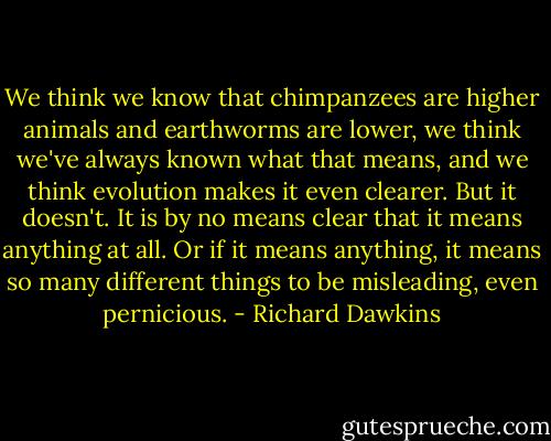 We think we know that chimpanzees are higher animals and earthworms are lower, we think we've always known what that means, and we think evolution makes it even clearer. But it doesn't. It is by no means clear that it means anything at all. Or if it means anything, it means so many different things to be misleading, even pernicious. - Richard Dawkins