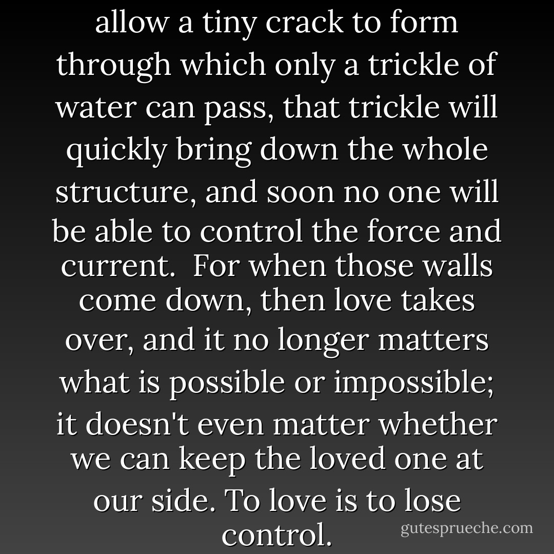 Love is much like a dam: If you allow a tiny crack to form through which only a trickle of water can pass, that trickle will quickly bring down the whole structure, and soon no one will be able to control the force and current.<br /><br />For when those walls come down, then love takes over, and it no longer matters what is possible or impossible; it doesn't even matter whether we can keep the loved one at our side. To love is to lose control. - Paulo Coelho