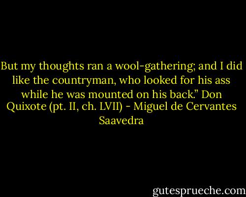 But my thoughts ran a wool-gathering; and I did like the countryman, who looked for his ass while he was mounted on his back.” Don Quixote (pt. II, ch. LVII) - Miguel de Cervantes Saavedra