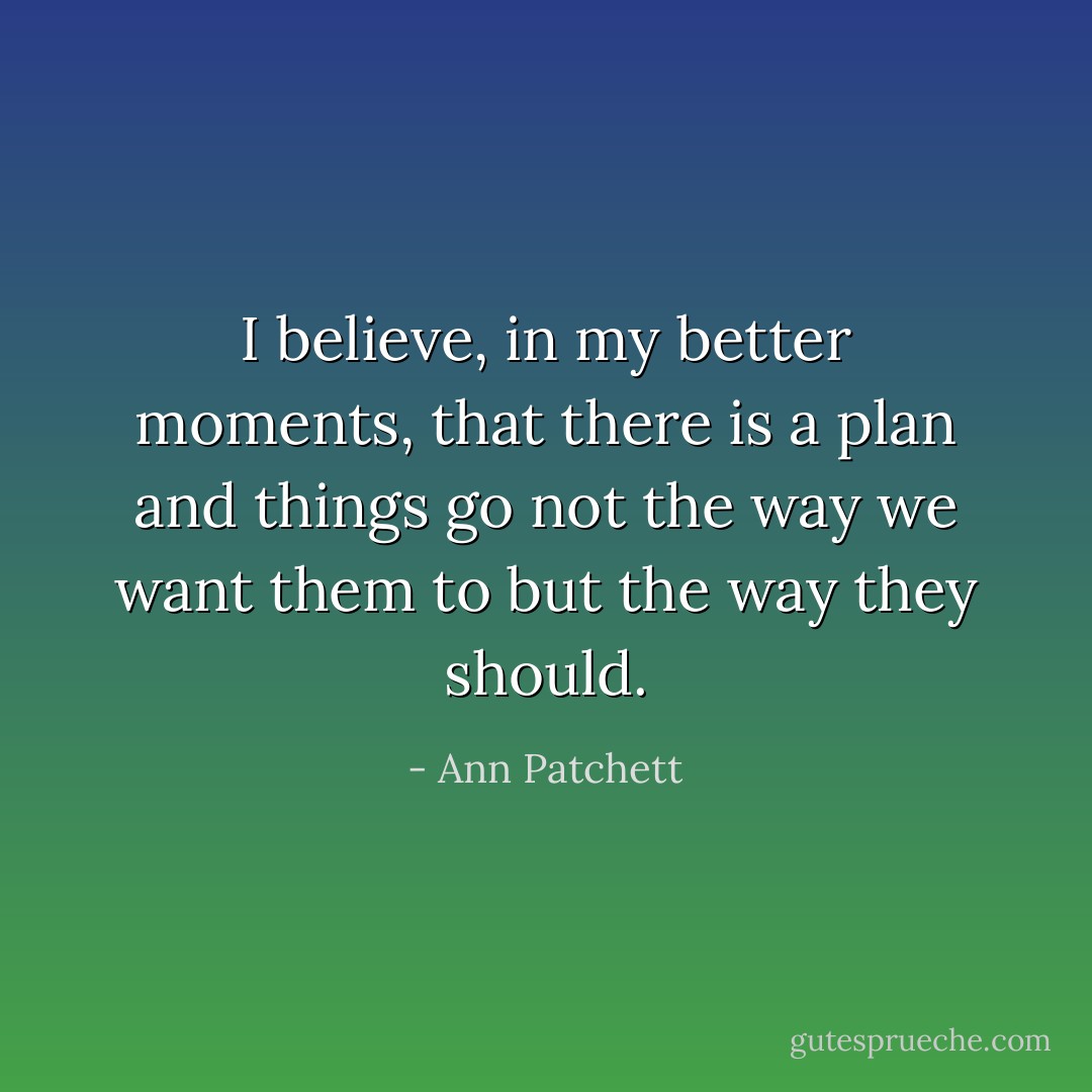I believe, in my better moments, that there is a plan and things go not the way we want them to but the way they should. - Ann Patchett