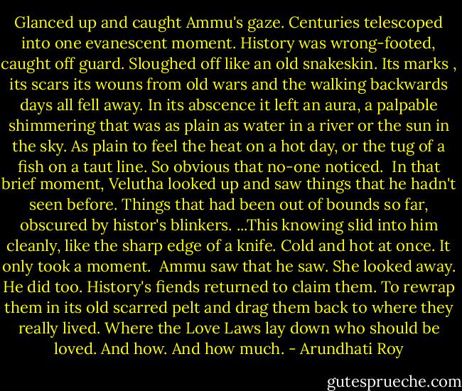 Glanced up and caught Ammu's gaze. Centuries telescoped into one evanescent moment. History was wrong-footed, caught off guard. Sloughed off like an old snakeskin. Its marks , its scars its wouns from old wars and the walking backwards days all fell away. In its abscence it left an aura, a palpable shimmering that was as plain as water in a river or the sun in the sky. As plain to feel the heat on a hot day, or the tug of a fish on a taut line. So obvious that no-one noticed.<br /> In that brief moment, Velutha looked up and saw things that he hadn't seen before. Things that had been out of bounds so far, obscured by histor's blinkers.<br />...This knowing slid into him cleanly, like the sharp edge of a knife. Cold and hot at once. It only took a moment.<br /> Ammu saw that he saw. She looked away. He did too. History's fiends returned to claim them. To rewrap them in its old scarred pelt and drag them back to where they really lived. Where the Love Laws lay down who should be loved. And how. And how much. - Arundhati Roy