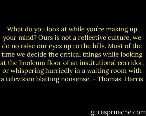 What do you look at while you’re making up your mind? Ours is not a reflective culture, we do no raise our eyes up to the hills. Most of the time we decide the critical things while looking at the linoleum floor of an institutional corridor, or whispering hurriedly in a waiting room with a television blatting nonsense. - Thomas  Harris