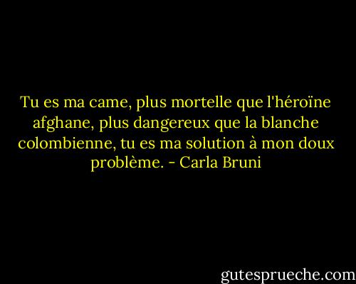 Tu es ma came, plus mortelle que l'héroïne afghane, plus dangereux que la blanche colombienne, tu es ma solution à mon doux problème. - Carla Bruni