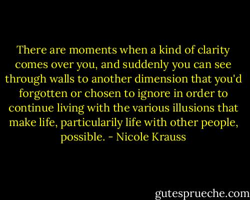 There are moments when a kind of clarity comes over you, and suddenly you can see through walls to another dimension that you'd forgotten or chosen to ignore in order to continue living with the various illusions that make life, particularily life with other people, possible. - Nicole Krauss