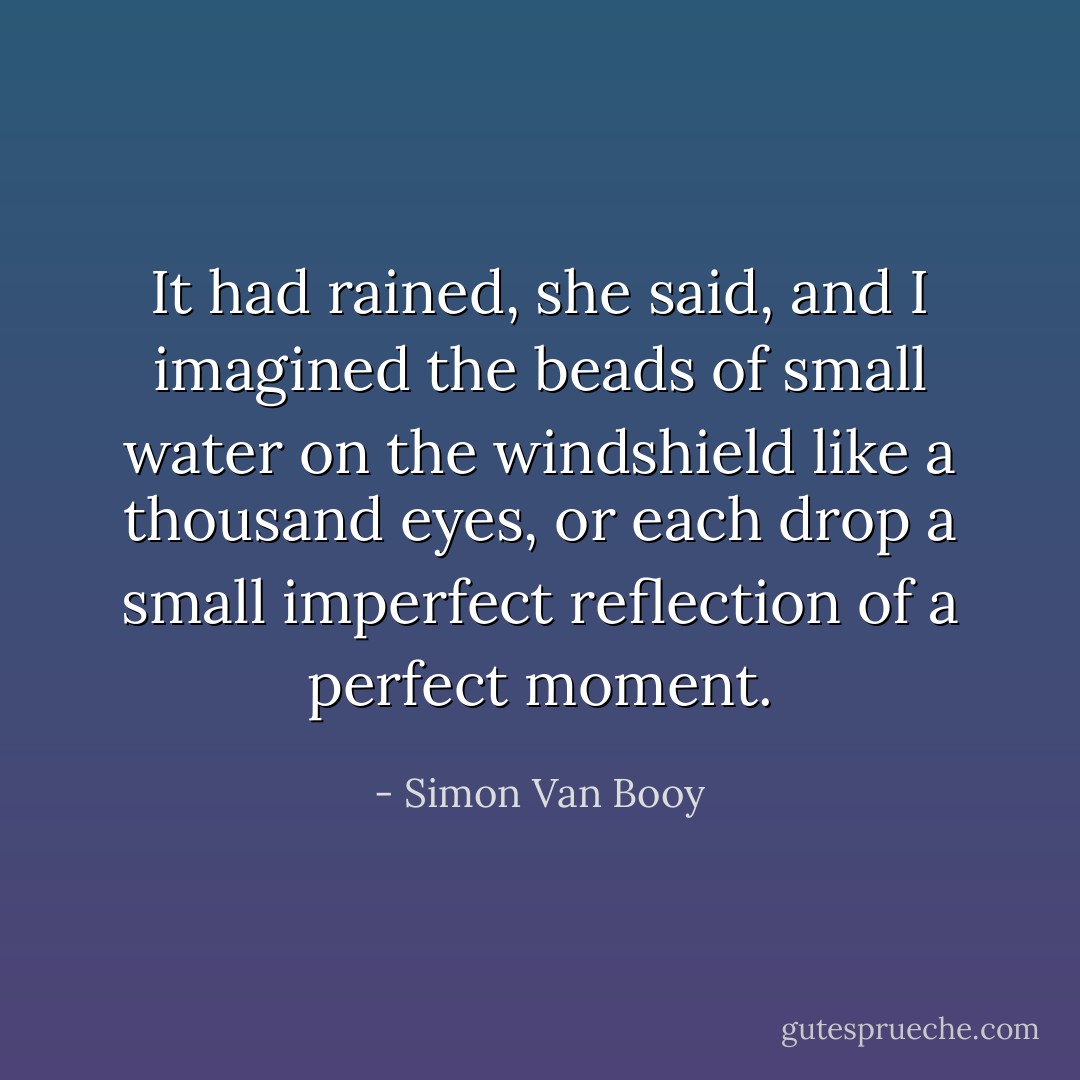 It had rained, she said, and I imagined the beads of small water on the windshield like a thousand eyes, or each drop a small imperfect reflection of a perfect moment. - Simon Van Booy