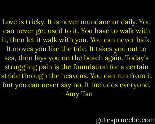 Love is tricky. It is never mundane or daily. You can never get used to it. You have to walk with it, then let it walk with you. You can never balk. It moves you like the tide. It takes you out to sea, then lays you on the beach again. Today's struggling pain is the foundation for a certain stride through the heavens. You can run from it but you can never say no. It includes everyone. - Amy Tan
