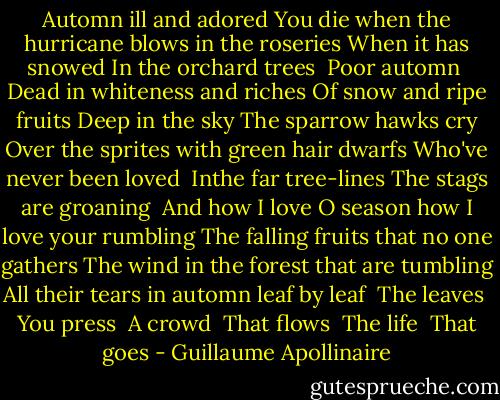 Automn ill and adored<br />You die when the hurricane blows in the roseries<br />When it has snowed<br />In the orchard trees<br /><br />Poor automn <br />Dead in whiteness and riches<br />Of snow and ripe fruits<br />Deep in the sky<br />The sparrow hawks cry<br />Over the sprites with green hair dwarfs<br />Who've never been loved<br /><br />Inthe far tree-lines<br />The stags are groaning<br /><br />And how I love O season how I love your rumbling<br />The falling fruits that no one gathers<br />The wind in the forest that are tumbling<br />All their tears in automn leaf by leaf<br /> The leaves<br /> You press<br /> A crowd<br /> That flows<br /> The life<br /> That goes - Guillaume Apollinaire