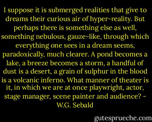 I suppose it is submerged realities that give to dreams their curious air of hyper-reality. But perhaps there is something else as well, something nebulous, gauze-like, through which everything one sees in a dream seems, paradoxically, much clearer. A pond becomes a lake, a breeze becomes a storm, a handful of dust is a desert, a grain of sulphur in the blood is a volcanic inferno. What manner of theater is it, in which we are at once playwright, actor, stage manager, scene painter and audience? - W.G. Sebald