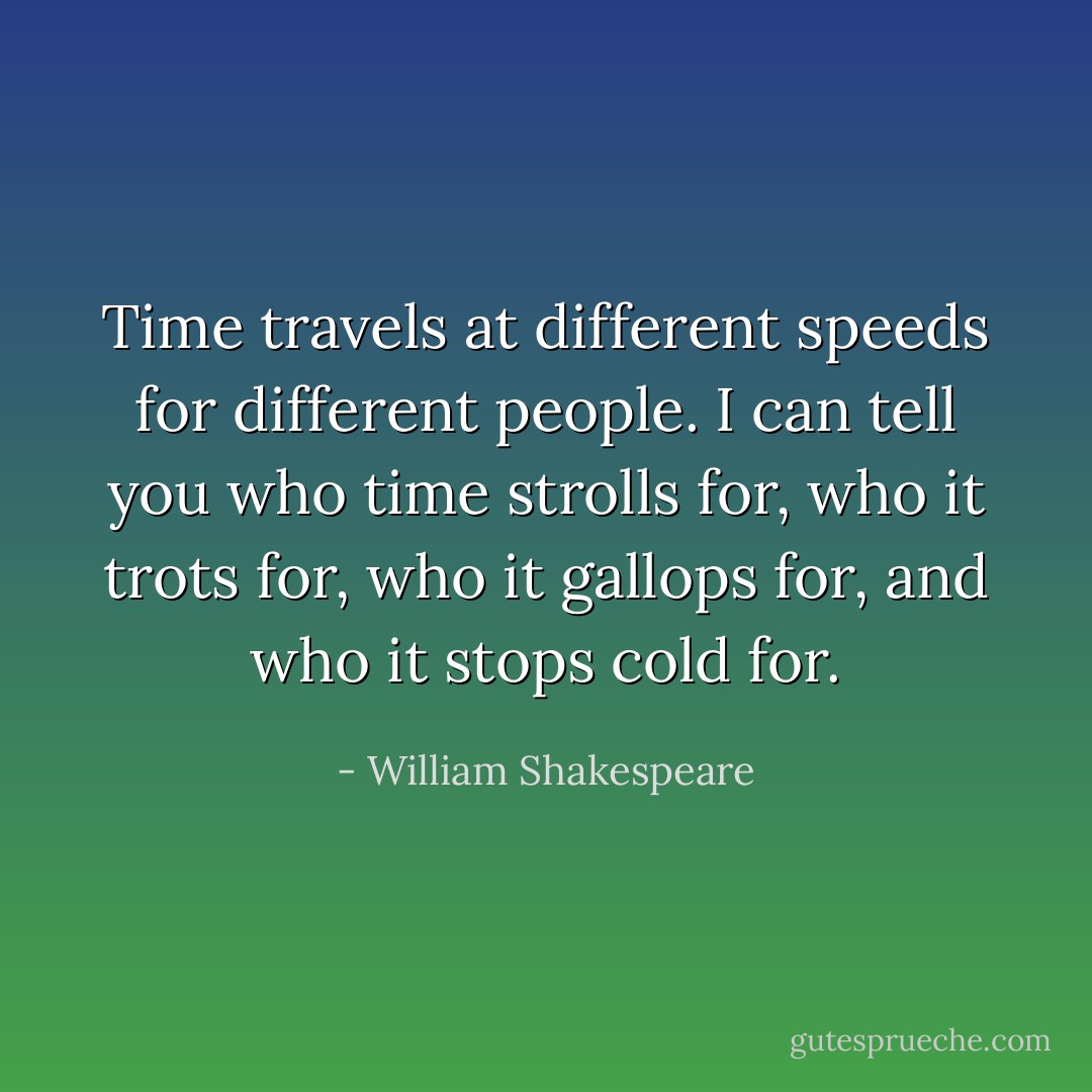 Time travels at different speeds for different people. I can tell you who time strolls for, who it trots for, who it gallops for, and who it stops cold for. - William Shakespeare