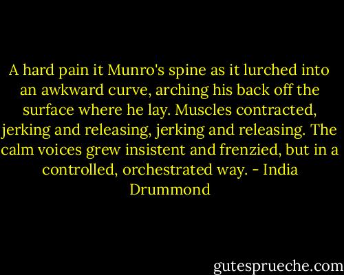 A hard pain it Munro's spine as it lurched into an awkward curve, arching his back off the surface where he lay. Muscles contracted, jerking and releasing, jerking and releasing. The calm voices grew insistent and frenzied, but in a controlled, orchestrated way. - India Drummond