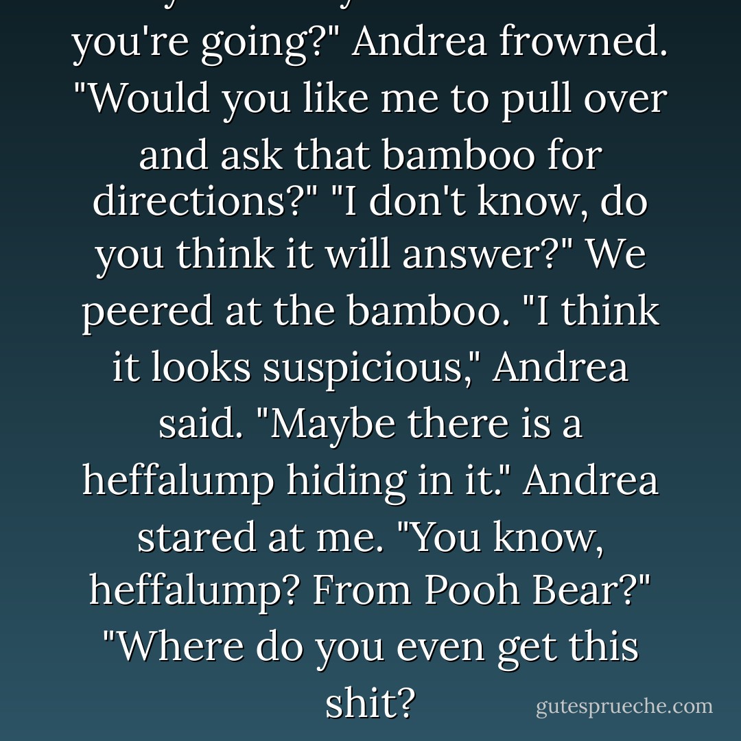 Are you sure you know where you're going?" Andrea frowned.<br />"Would you like me to pull over and ask that bamboo for directions?"<br />"I don't know, do you think it will answer?"<br />We peered at the bamboo.<br />"I think it looks suspicious," Andrea said.<br />"Maybe there is a heffalump hiding in it."<br />Andrea stared at me.<br />"You know, heffalump? From Pooh Bear?"<br />"Where do you even get this shit? - Ilona Andrews