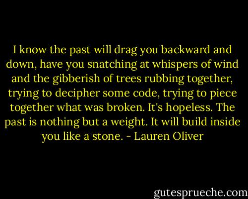 I know the past will drag you backward and down, have you snatching at whispers of wind and the gibberish of trees rubbing together, trying to decipher some code, trying to piece together what was broken. It's hopeless. The past is nothing but a weight. It will build inside you like a stone. - Lauren Oliver