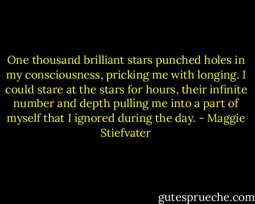 One thousand brilliant stars punched holes in my consciousness, pricking me with longing. I could stare at the stars for hours, their infinite number and depth pulling me into a part of myself that I ignored during the day. - Maggie Stiefvater