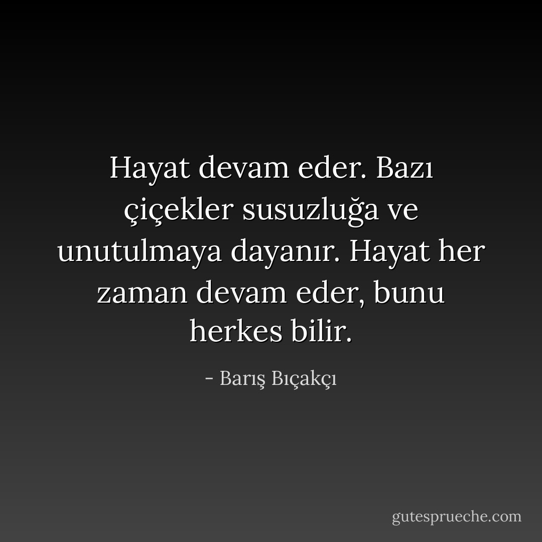 Hayat devam eder. Bazı çiçekler susuzluğa ve unutulmaya dayanır. Hayat her zaman devam eder, bunu herkes bilir. - Barış Bıçakçı