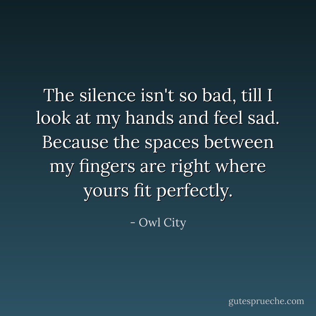 The silence isn't so bad, till I look at my hands and feel sad. Because the spaces between my fingers are right where yours fit perfectly. - Owl City