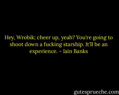 Hey, Wrobik; cheer up, yeah? You're going to shoot down a fucking starship. It'll be an experience. - Iain Banks