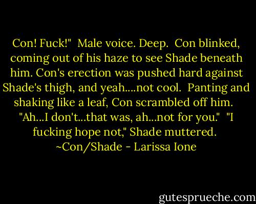 Con! Fuck!"<br /><br />Male voice. Deep.<br /><br />Con blinked, coming out of his haze to see Shade beneath him. Con's erection was pushed hard against Shade's thigh, and yeah....not cool.<br /><br />Panting and shaking like a leaf, Con scrambled off him. <br /><br />"Ah...I don't...that was, ah...not for you."<br /><br />"I fucking hope not," Shade muttered.<br /><br />~Con/Shade - Larissa Ione
