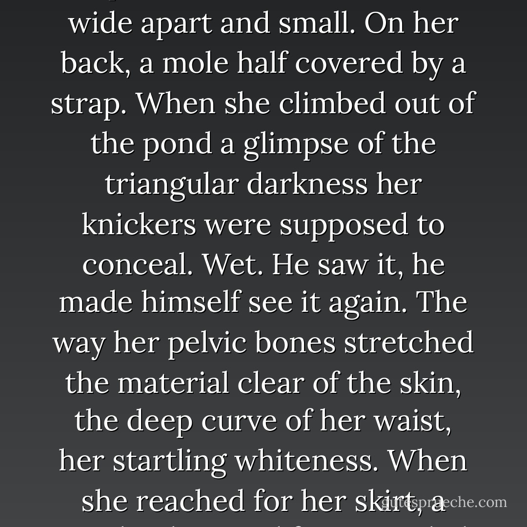 Now and then, an inch below the water's surface, the muscles of his stomach tightened involuntarily as he recalled another detail. A drop of water on her upper arm. Wet. An embroidered flower, a simple daisy, sewn between the cups of her bra. Her breasts wide apart and small. On her back, a mole half covered by a strap. When she climbed out of the pond a glimpse of the triangular darkness her knickers were supposed to conceal. Wet. He saw it, he made himself see it again. The way her pelvic bones stretched the material clear of the skin, the deep curve of her waist, her startling whiteness. When she reached for her skirt, a carelessly raised foot revealed a patch of soil on each pad of her sweetly diminished toes. Another mole the size of a farthing on her thigh and something purplish on her calf--a strawberry mark, a scar. Not blemishes. Adornments. - Ian McEwan