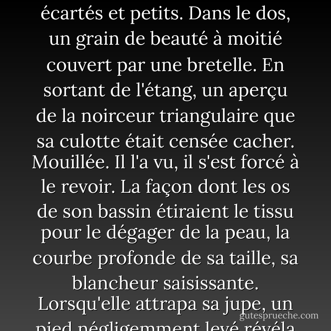 De temps en temps, à un centimètre sous la surface de l'eau, les muscles de son estomac se contractent involontairement lorsqu'il se souvient d'un autre détail. Une goutte d'eau sur le haut de son bras. Humide. Une fleur brodée, une simple marguerite, cousue entre les bonnets de son soutien-gorge. Ses seins écartés et petits. Dans le dos, un grain de beauté à moitié couvert par une bretelle. En sortant de l'étang, un aperçu de la noirceur triangulaire que sa culotte était censée cacher. Mouillée. Il l'a vu, il s'est forcé à le revoir. La façon dont les os de son bassin étiraient le tissu pour le dégager de la peau, la courbe profonde de sa taille, sa blancheur saisissante. Lorsqu'elle attrapa sa jupe, un pied négligemment levé révéla une tache de terre sur chaque coussinet de ses orteils doucement diminués. Un autre grain de beauté de la taille d'un farthing sur sa cuisse et quelque chose de violacé sur son mollet - une marque de fraise, une cicatrice. Pas des défauts. Des ornements. - Ian McEwan
