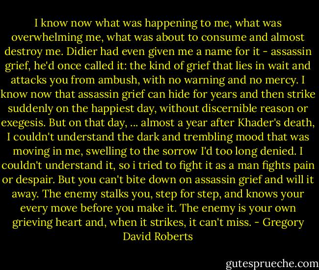 I know now what was happening to me, what was overwhelming me, what was about to consume and almost destroy me. Didier had even given me a name for it - assassin grief, he'd once called it: the kind of grief that lies in wait and attacks you from ambush, with no warning and no mercy. I know now that assassin grief can hide for years and then strike suddenly on the happiest day, without discernible reason or exegesis. But on that day, ... almost a year after Khader's death, I couldn't understand the dark and trembling mood that was moving in me, swelling to the sorrow I'd too long denied. I couldn't understand it, so i tried to fight it as a man fights pain or despair. But you can't bite down on assassin grief and will it away. The enemy stalks you, step for step, and knows your every move before you make it. The enemy is your own grieving heart and, when it strikes, it can't miss. - Gregory David Roberts