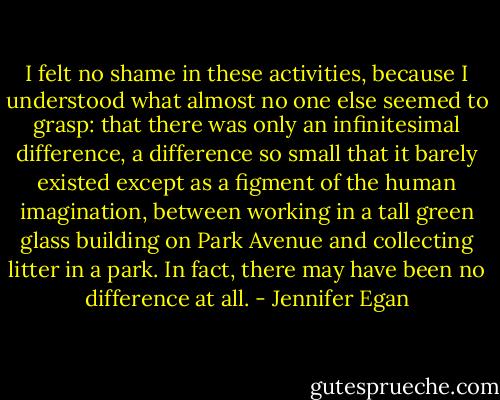I felt no shame in these activities, because I understood what almost no one else seemed to grasp: that there was only an infinitesimal difference, a difference so small that it barely existed except as a figment of the human imagination, between working in a tall green glass building on Park Avenue and collecting litter in a park. In fact, there may have been no difference at all. - Jennifer Egan