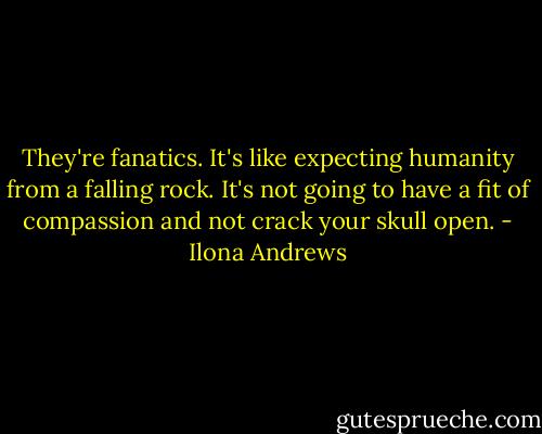 They're fanatics. It's like expecting humanity from a falling rock. It's not going to have a fit of compassion and not crack your skull open. - Ilona Andrews