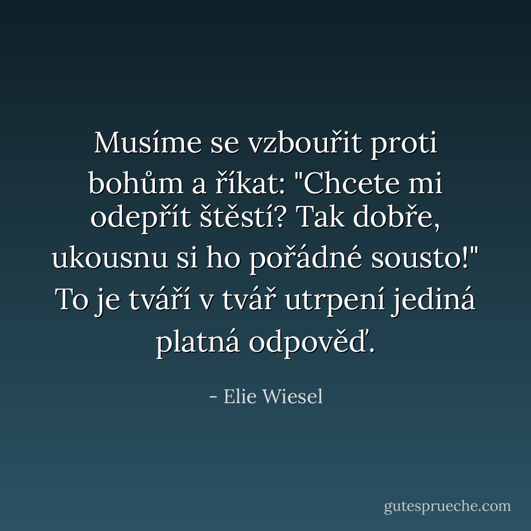 Musíme se vzbouřit proti bohům a říkat: "Chcete mi odepřít štěstí? Tak dobře, ukousnu si ho pořádné sousto!" To je tváří v tvář utrpení jediná platná odpověď. - Elie Wiesel