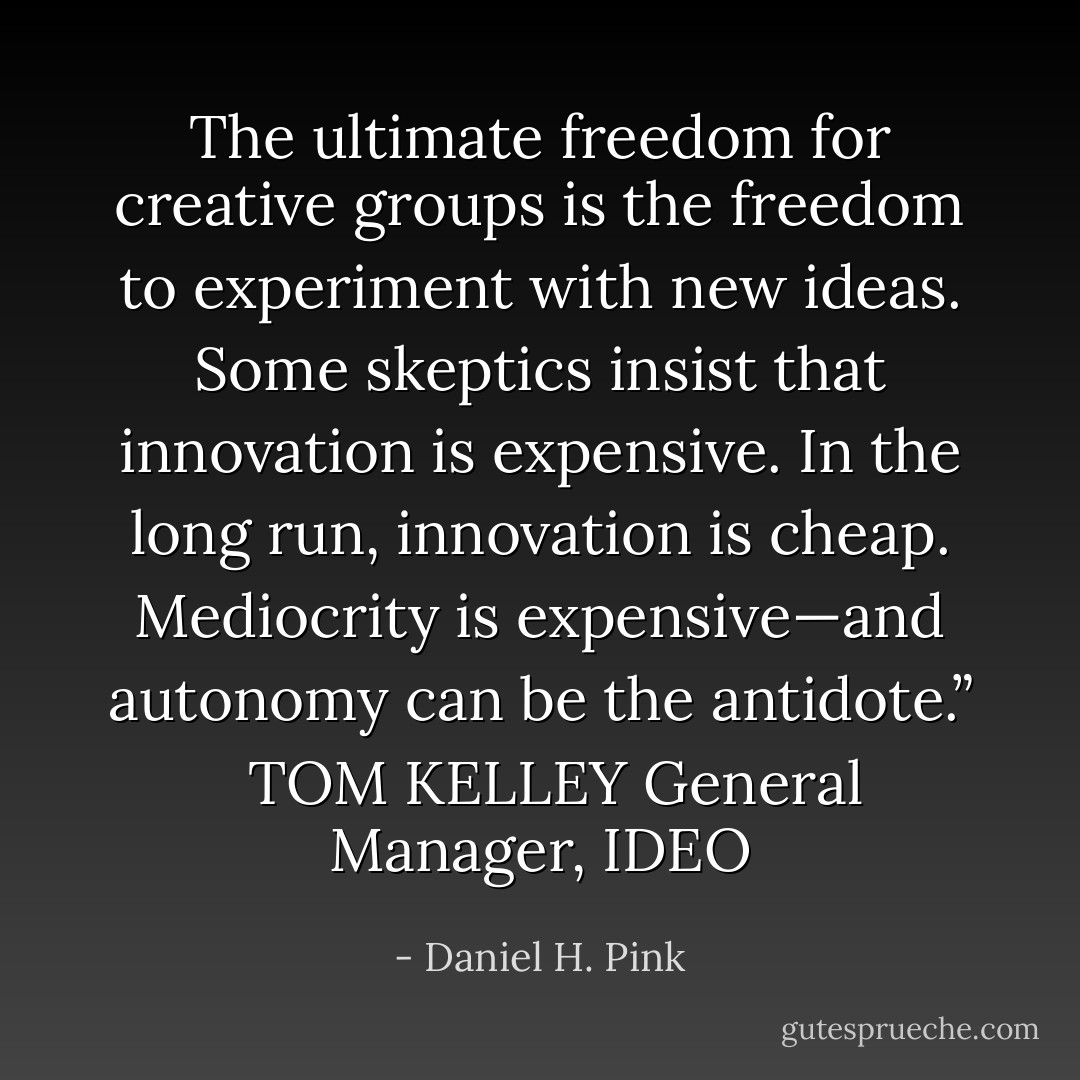 The ultimate freedom for creative groups is the freedom to experiment with new ideas. Some skeptics insist that innovation is expensive. In the long run, innovation is cheap. Mediocrity is expensive—and autonomy can be the antidote.”   TOM KELLEY General Manager, IDEO - Daniel H. Pink