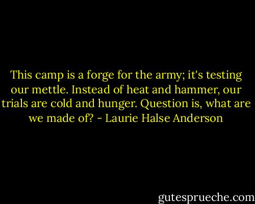 This camp is a forge for the army; it's testing our mettle. Instead of heat and hammer, our trials are cold and hunger. Question is, what are we made of? - Laurie Halse Anderson